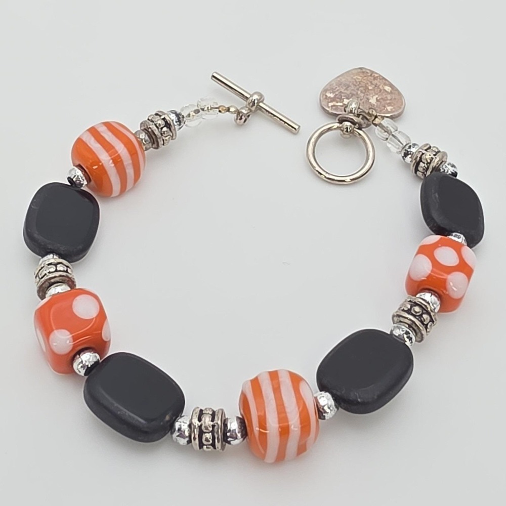 Lampwork Glass Bracelet Orange Black White‎ Paw Print Silver Tone Toggle 6.75"